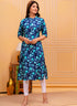 Women Blue Cotton Floral A-Line Kurta