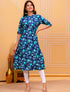 Women Blue Cotton Floral A-Line Kurta