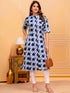 Women Blue and White Pure Cotton Geometric A-Line Kurta