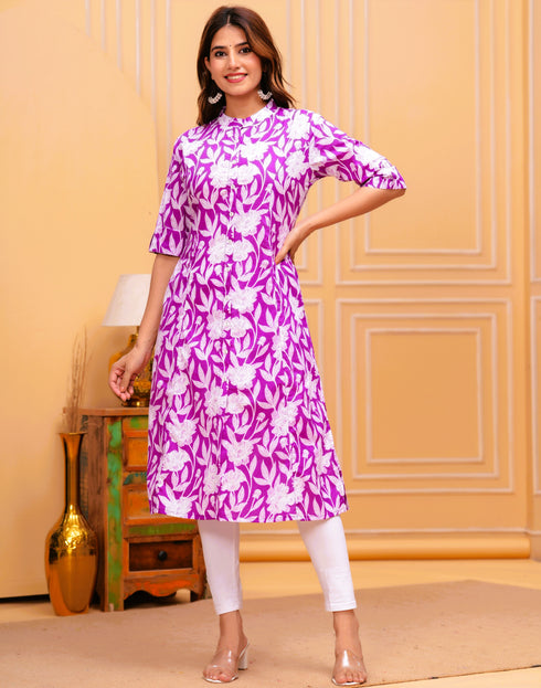 Women Purple Pure Cotton Floral A-Line Kurta