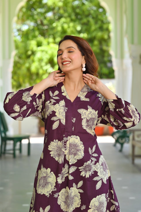 Pure Cotton Floral Purple Dress