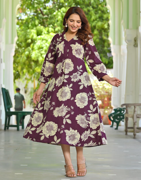 Pure Cotton Floral Purple Dress