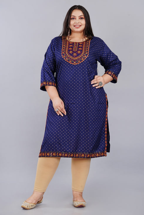 Plus Size Trendy Blue Embroidered Kurti