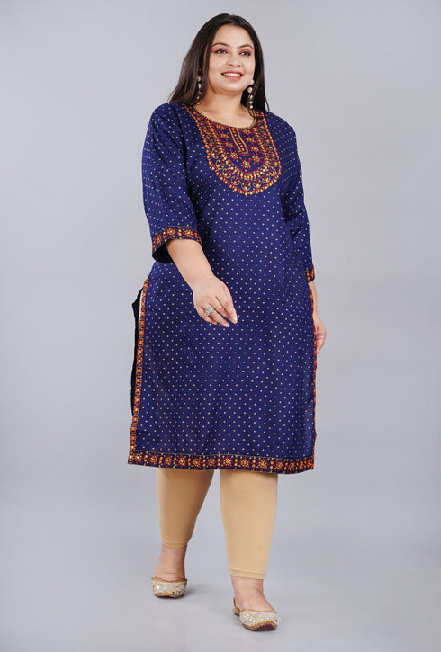 Plus Size Trendy Blue Embroidered Kurti