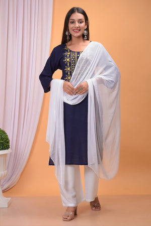 Blue Embroidered Kurta Palazzo Dupatta Set