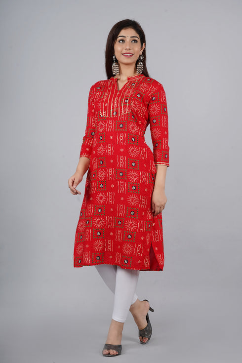 Designer Red Bandhej Gotta Work Kurti