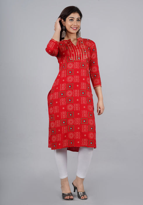 Designer Red Bandhej Gotta Work Kurti