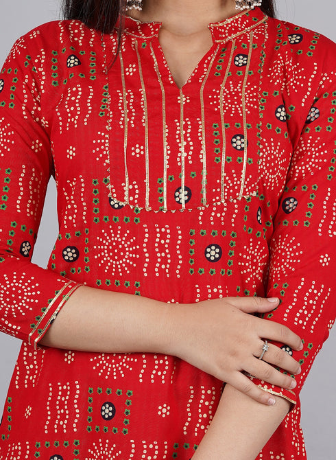 Designer Red Bandhej Gotta Work Kurti